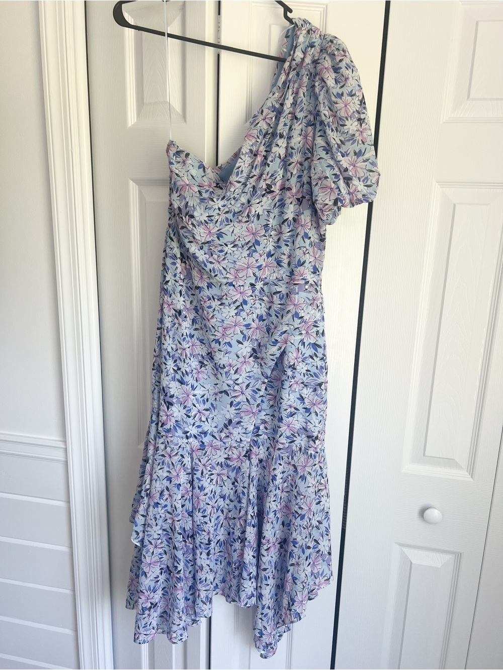 ASTR Floral Light Blue Lavender Pink Santorini Floral One Shoulder Midi dress